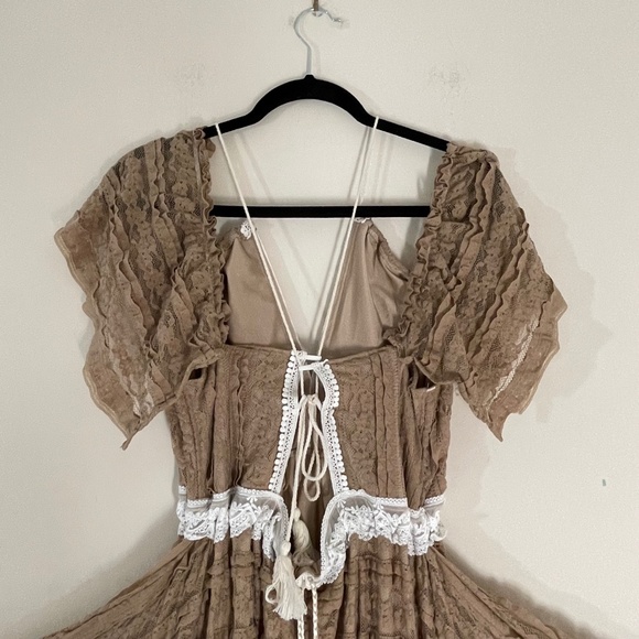 Boho Maxi Dress Off Shoulder Ruffle Lace Train Fairy Cottagecore Photoshoot - Picture 10 of 16